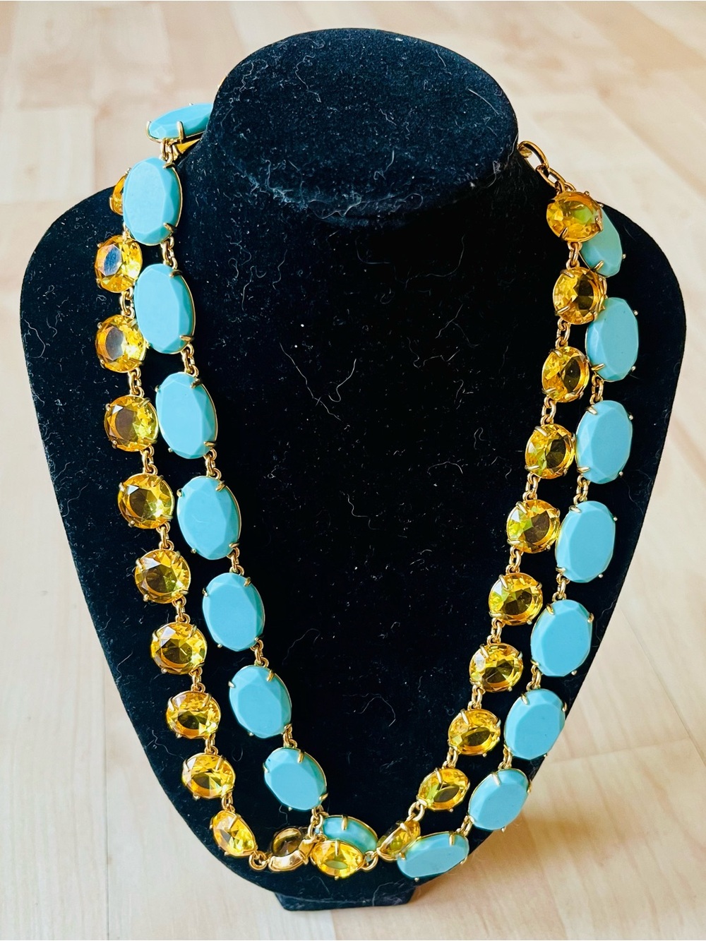 Lele Sadoughi Candy Crystal Double Row Necklace Turquoise Sunshine Gold Tone